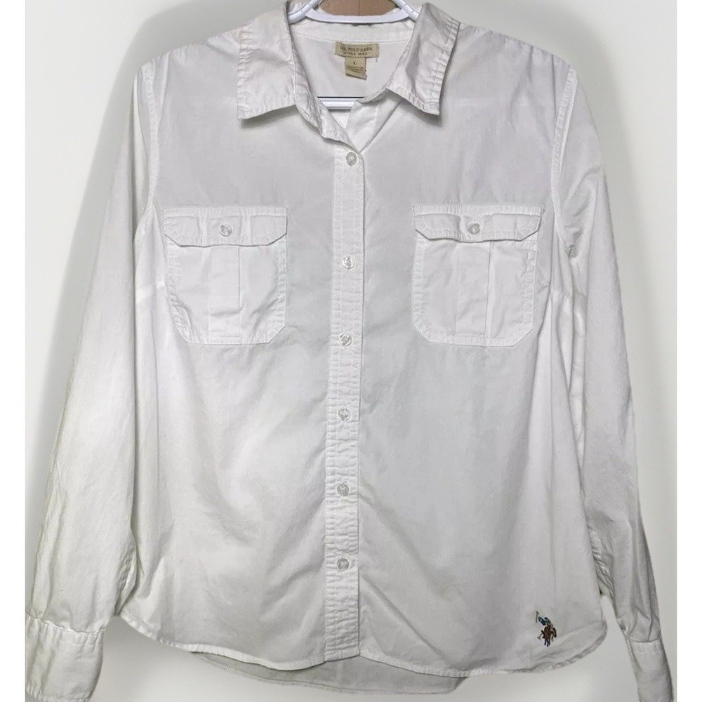 US Polo Assn Womens White Button Down Shirt Roll‎ Tab Long Sleeve Large